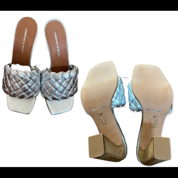 Christian Di Riccio Puffy Braided Silver Metallic Slip On block heeled sandals - Picture 2 of 3